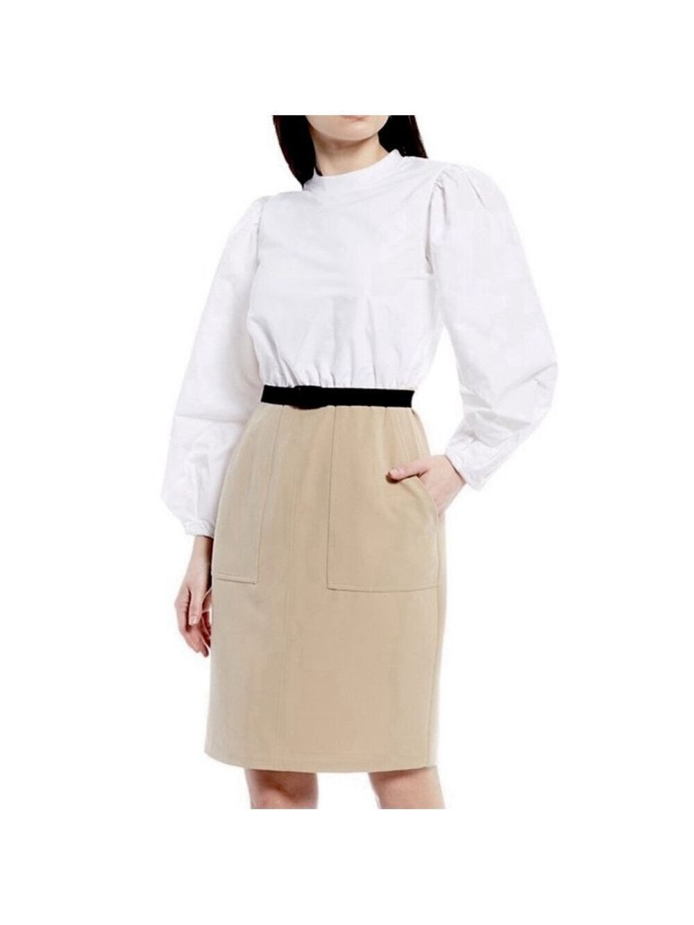 Nation LDT Alecia 2 Tone Puff Sleeve Mini Dress XS/0 Belted White & Tan Belt